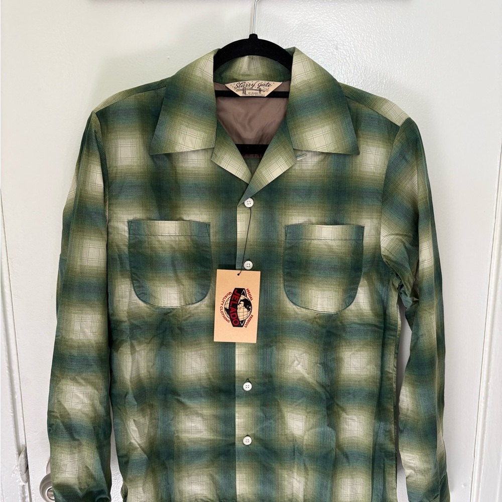 Jelado Japanese Green Plaid Button-Up Shirt Camp Collar